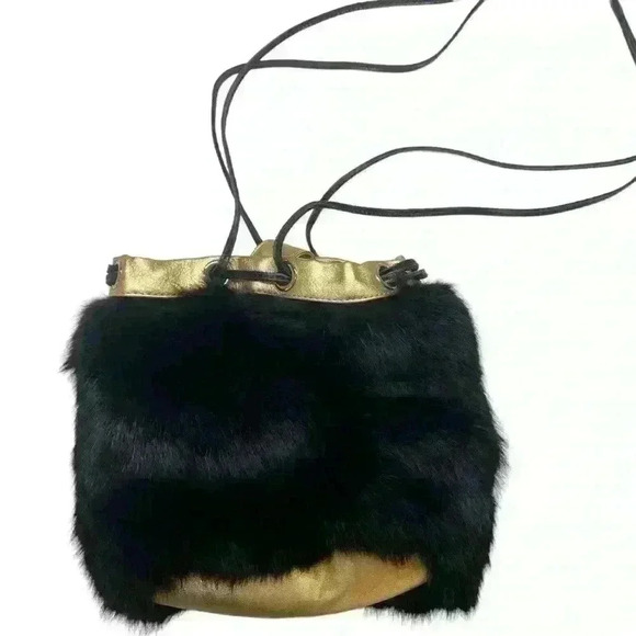 Foley & Corinna Faux Fur Black Handbag Purse Gold trim Special Occasion Fun - Picture 2 of 15